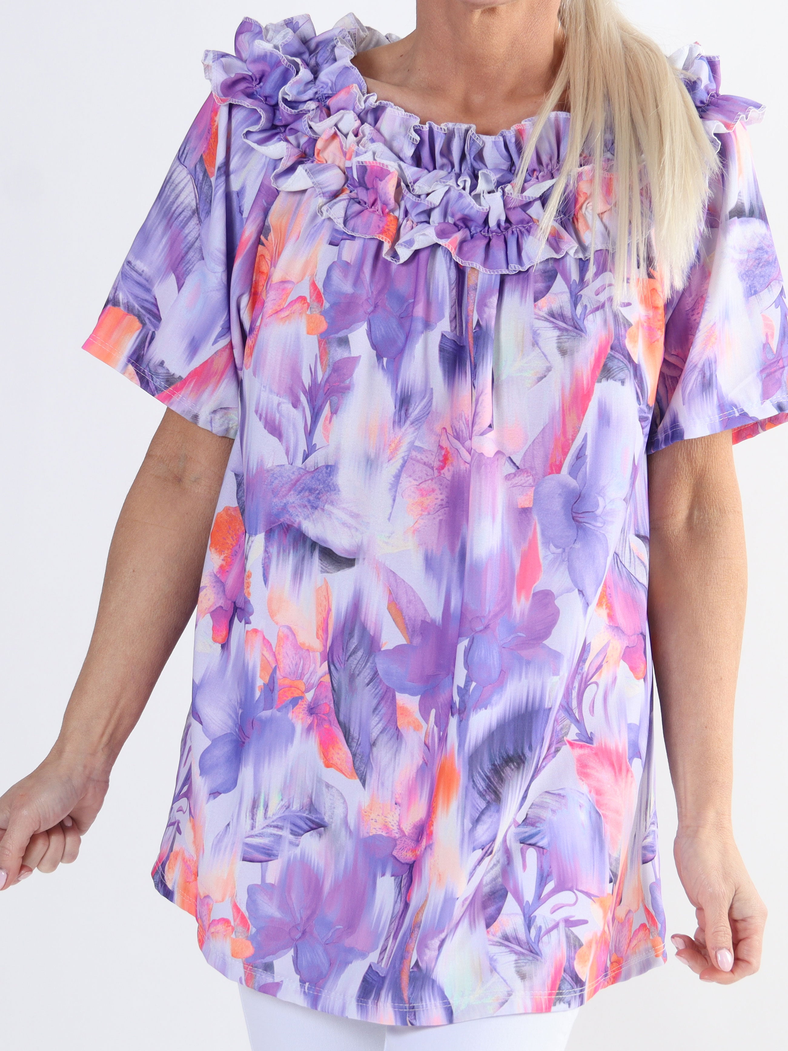 Chili Sleeveless Hawaii - Blomstret plus size tunika med flæser